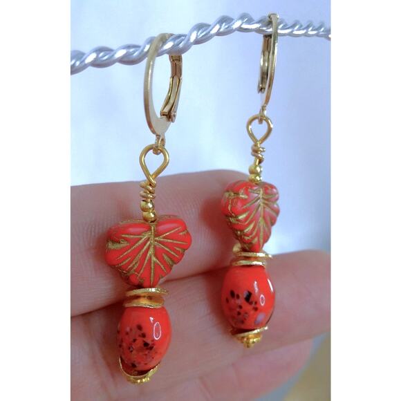 Czech Glass Earrings Artisan Made Leaf Murano Glass Beaded Red Orange Dangle NEW - Picture 6 of 10